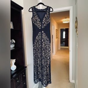 Tadashi Shoji navy, lace and ribbed fabric column dress.